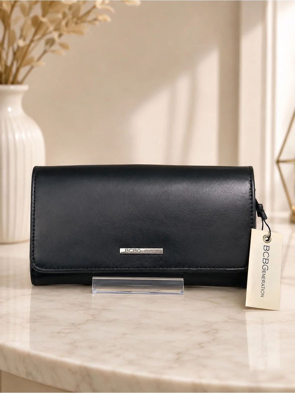 BCBGeneration Black Vegan Leather Zip Around Wristlet Wallet Clutch NWT